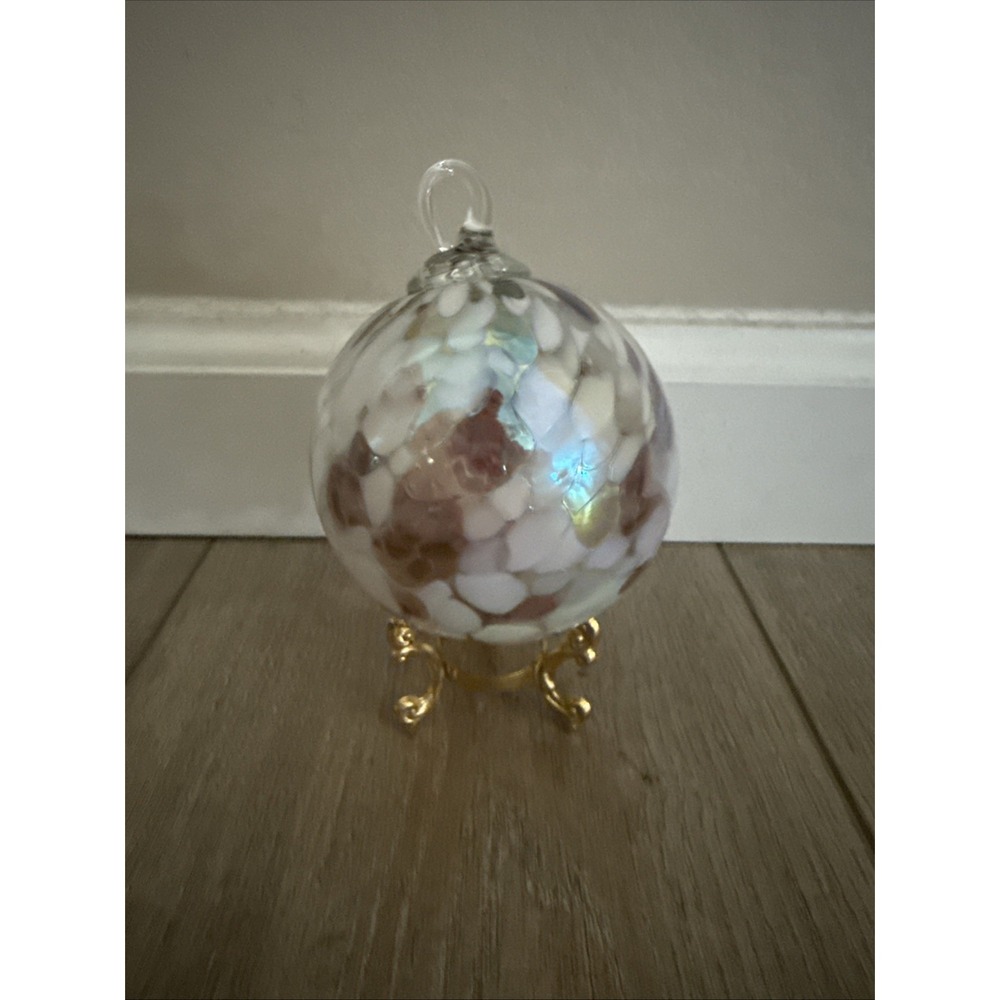 4" X 3" Hand Blown Glass Orb Gazing Suncatcher Ball Ornament Textured Pink White